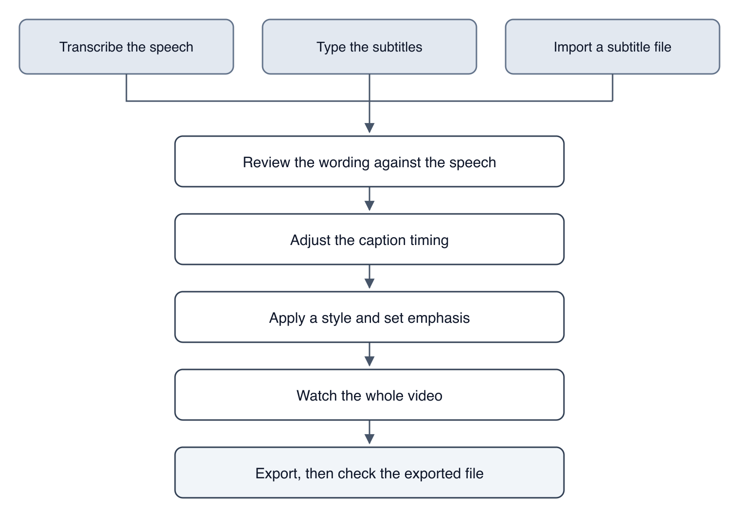 Flow diagram showing three subtitle entry methods feeding one sequence: review wording, adjust timing, apply style, watch the video, export and check the file